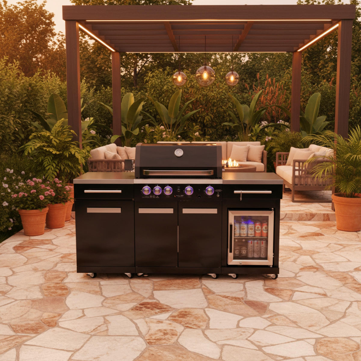 Premium 70" Black Stainless Steel Outdoor Kitchen Island with Refrigerator + 32"W 4-Burner BBQ Grill with Rear Burner — product view 3